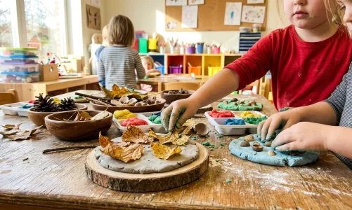 Děti tvoří v mateřské škole z přírodnin a modelíny